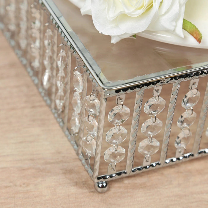 Square Metal Cake Stand with Glass Top and Hanging Crystal Beads