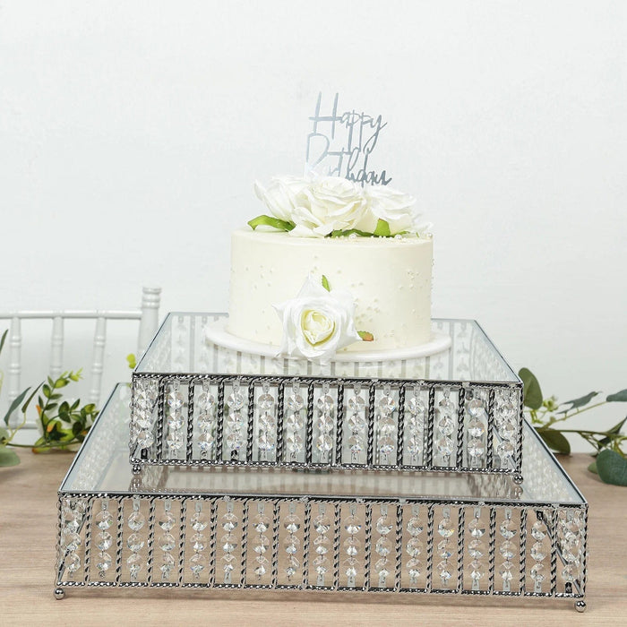 Square Metal Cake Stand with Glass Top and Hanging Crystal Beads