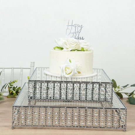 Square Metal Cake Stand with Glass Top and Hanging Crystal Beads