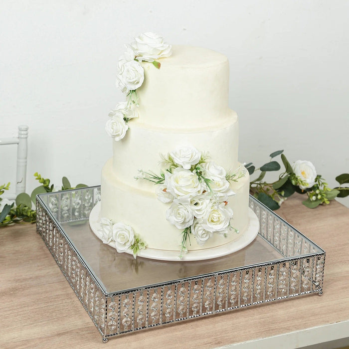Square Metal Cake Stand with Glass Top and Hanging Crystal Beads