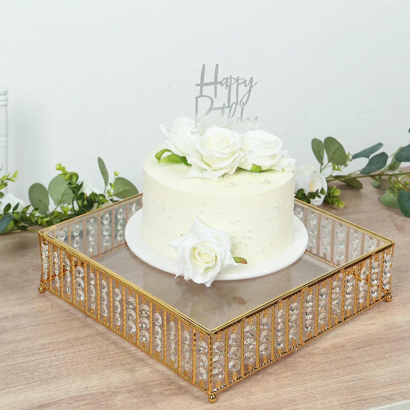 Square Metal Cake Stand with Glass Top and Hanging Crystal Beads