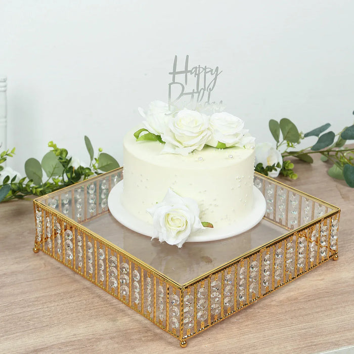 Square Metal Cake Stand with Glass Top and Hanging Crystal Beads