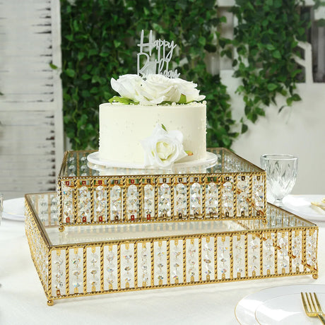 Square Metal Cake Stand with Glass Top and Hanging Crystal Beads