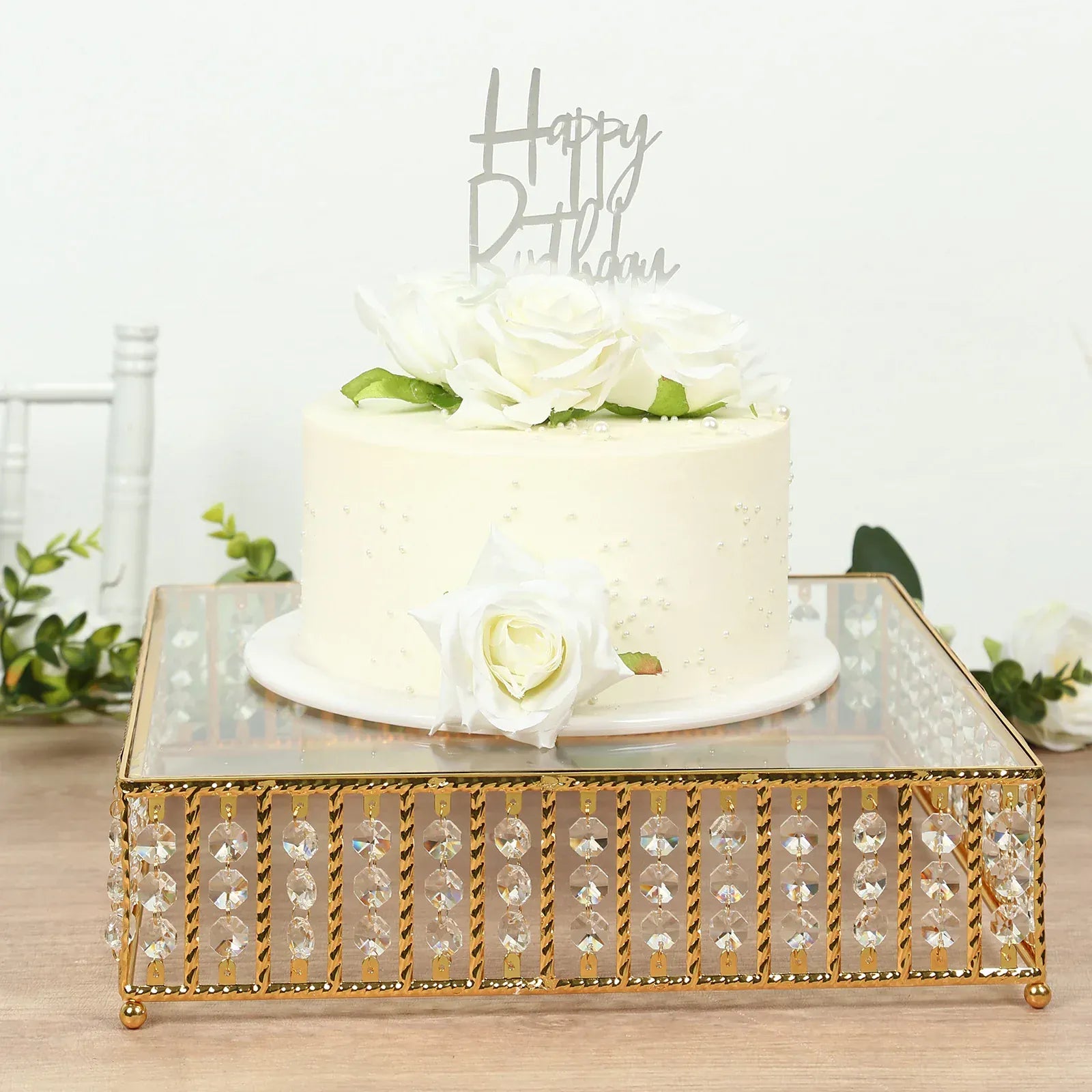 Square Metal Cake Stand with Glass Top and Hanging Crystal Beads