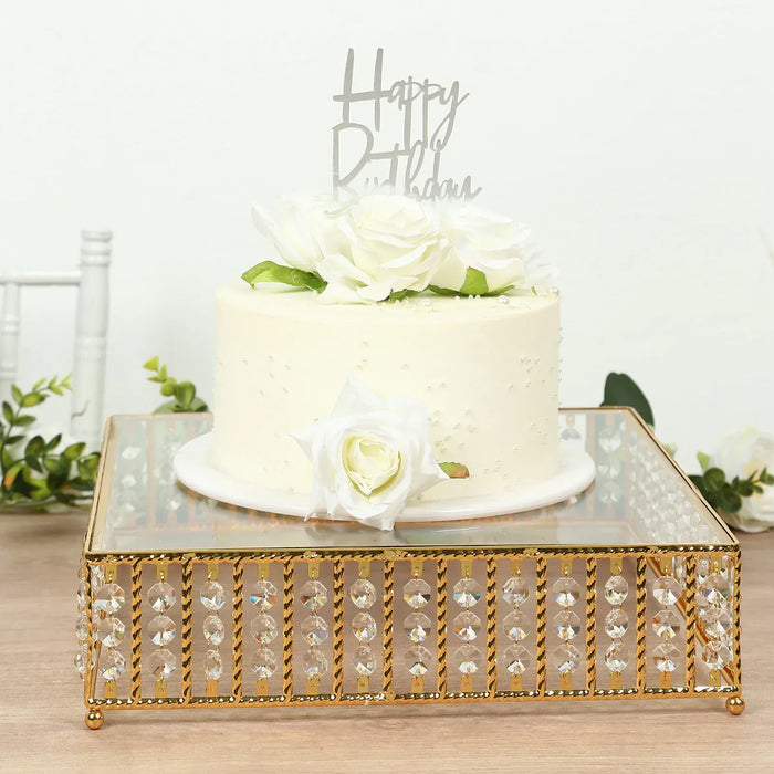 Square Metal Cake Stand with Glass Top and Hanging Crystal Beads