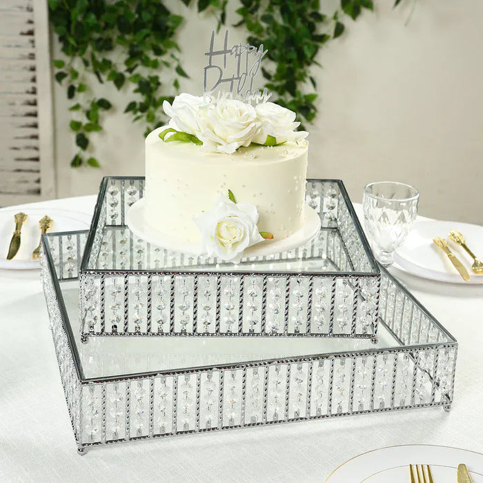 Square Metal Cake Stand with Glass Top and Hanging Crystal Beads