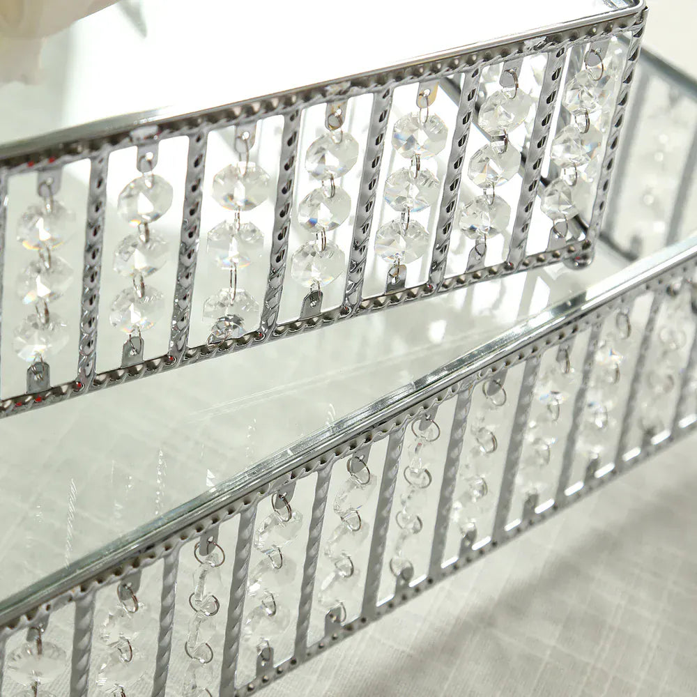 Square Metal Cake Stand with Glass Top and Hanging Crystal Beads