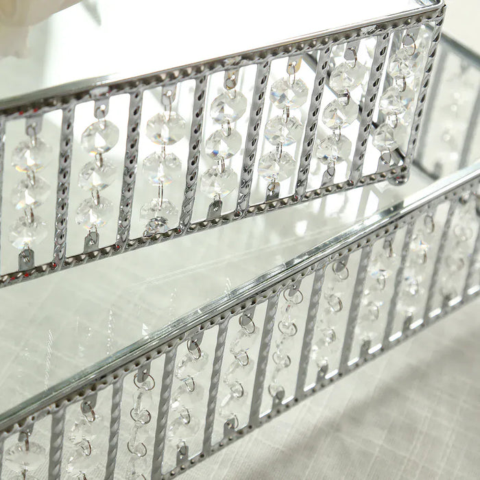 Square Metal Cake Stand with Glass Top and Hanging Crystal Beads