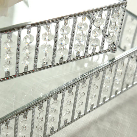 Square Metal Cake Stand with Glass Top and Hanging Crystal Beads