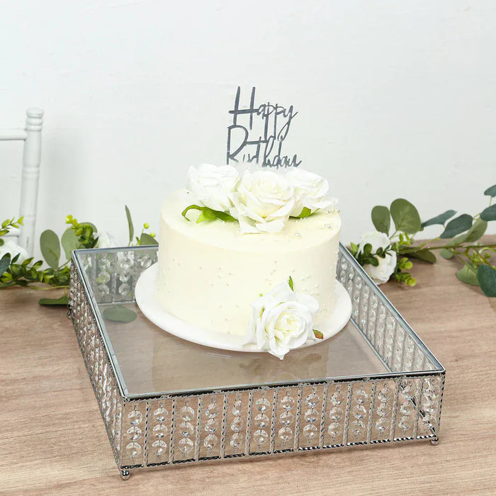 Square Metal Cake Stand with Glass Top and Hanging Crystal Beads