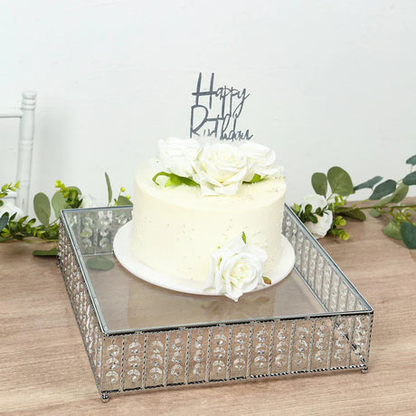 Square Metal Cake Stand with Glass Top and Hanging Crystal Beads