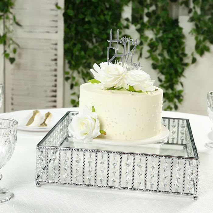 Square Metal Cake Stand with Glass Top and Hanging Crystal Beads
