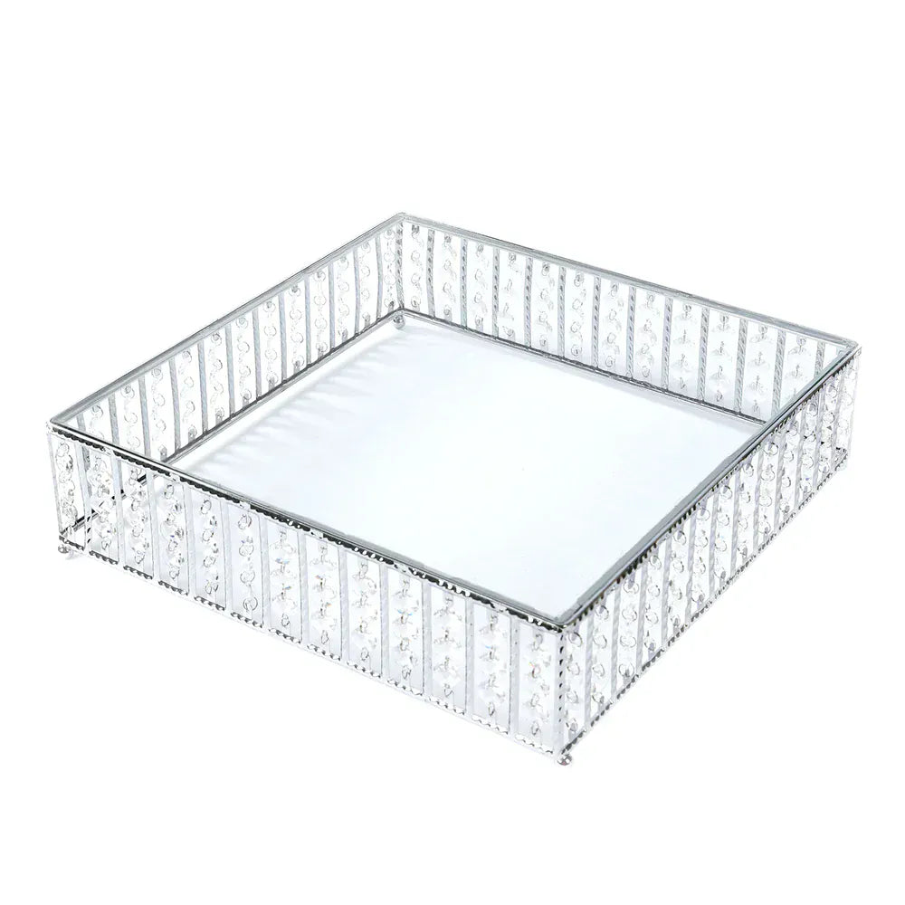 Square Metal Cake Stand with Glass Top and Hanging Crystal Beads CHDLR_CAKE28S_14_SILV