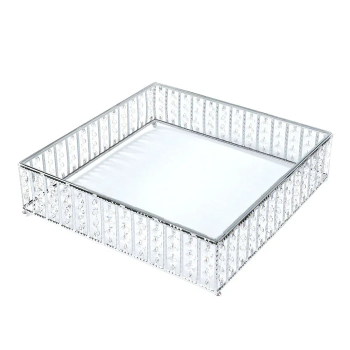 Square Metal Cake Stand with Glass Top and Hanging Crystal Beads CHDLR_CAKE28S_14_SILV