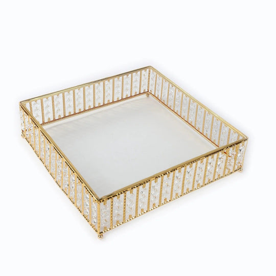 Square Metal Cake Stand with Glass Top and Hanging Crystal Beads CHDLR_CAKE28S_18_GOLD