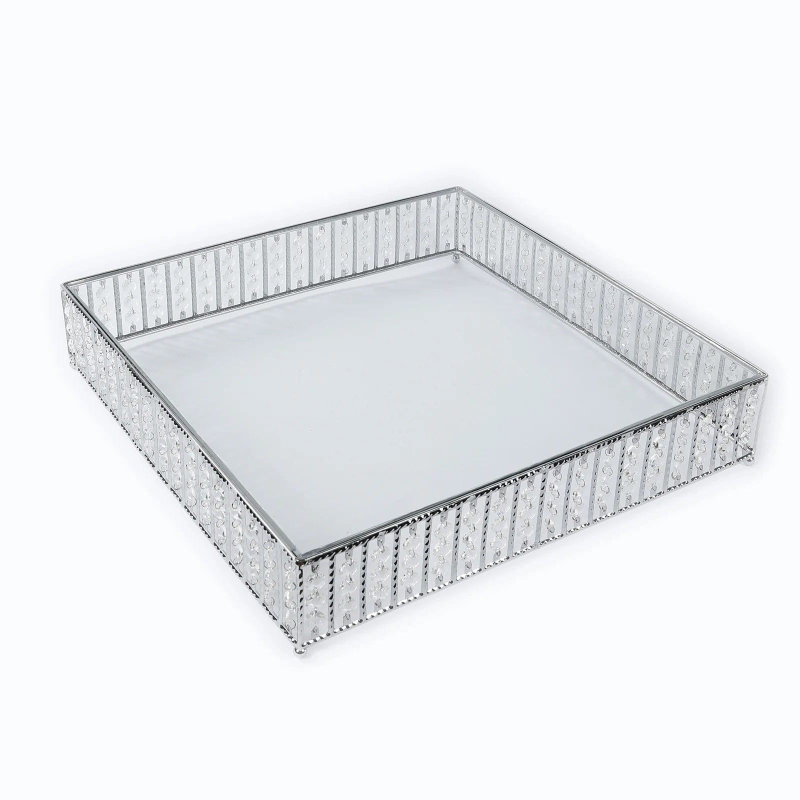 Square Metal Cake Stand with Glass Top and Hanging Crystal Beads CHDLR_CAKE28S_18_SILV