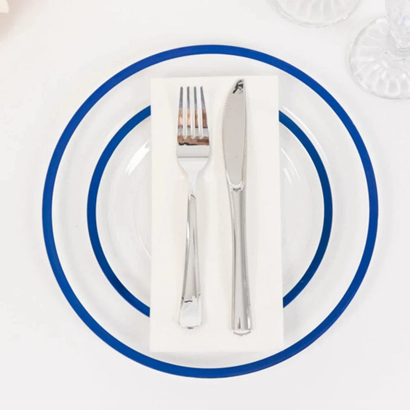 10 Round Plastic Salad Plates with Gold Rim - Disposable Tableware