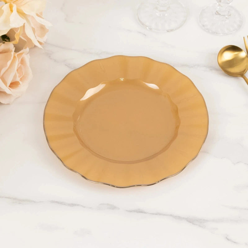 10 Round Plastic Salad Dinner Plates with Gold Wavy Rim - Disposable Tableware