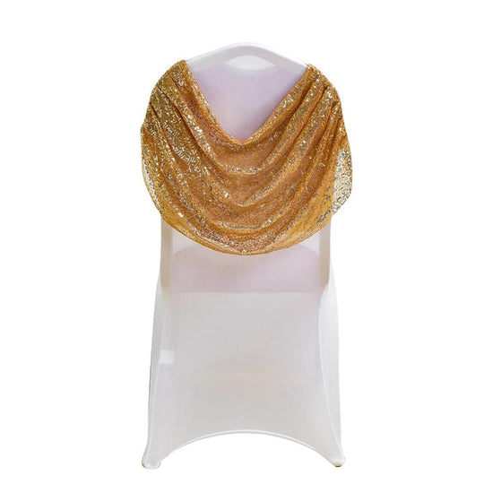 Swag Back Ruched Fitted Premium Spandex Banquet Chair Cover with Sequins - White and Gold CHAIR_SPX06_02_GDWHT