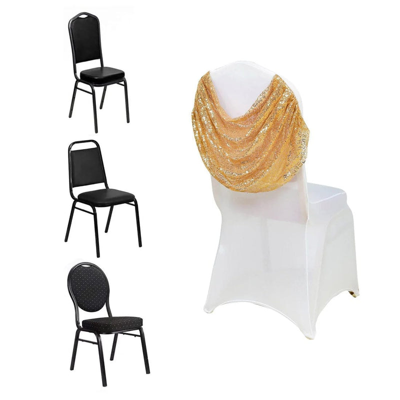 Swag Back Ruched Fitted Premium Spandex Banquet Chair Cover with Sequins - White and Gold CHAIR_SPX06_02_GDWHT