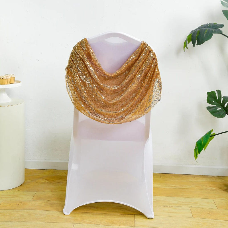Swag Back Ruched Fitted Premium Spandex Banquet Chair Cover with Sequins - White and Gold CHAIR_SPX06_02_GDWHT