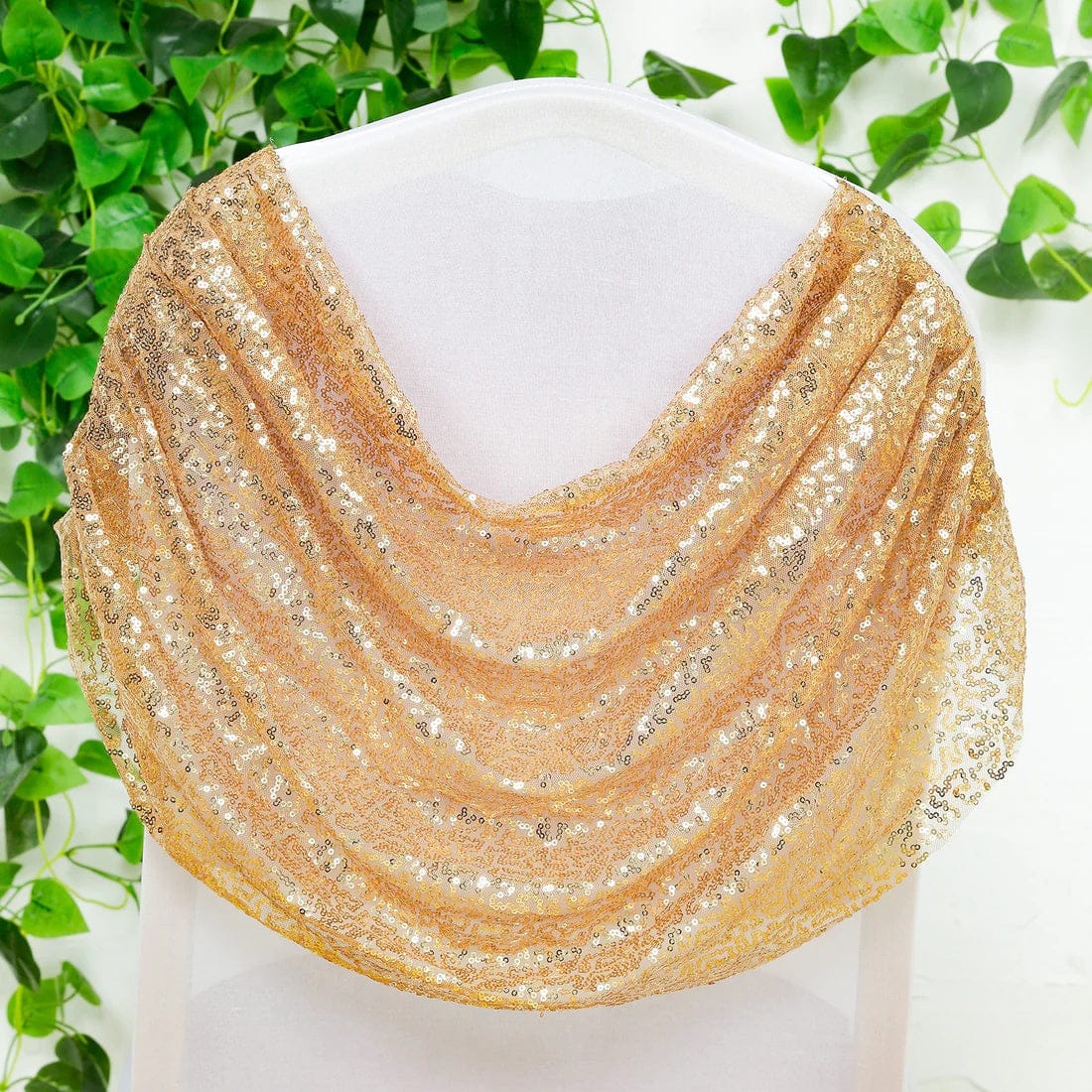 Swag Back Ruched Fitted Premium Spandex Banquet Chair Cover with Sequins - White and Gold CHAIR_SPX06_02_GDWHT