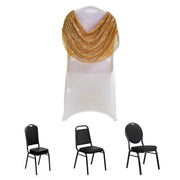 Swag Back Ruched Fitted Premium Spandex Banquet Chair Cover with Sequins - White and Gold CHAIR_SPX06_02_GDWHT