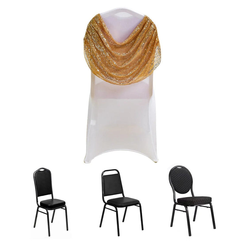 Swag Back Ruched Fitted Premium Spandex Banquet Chair Cover with Sequins - White and Gold CHAIR_SPX06_02_GDWHT