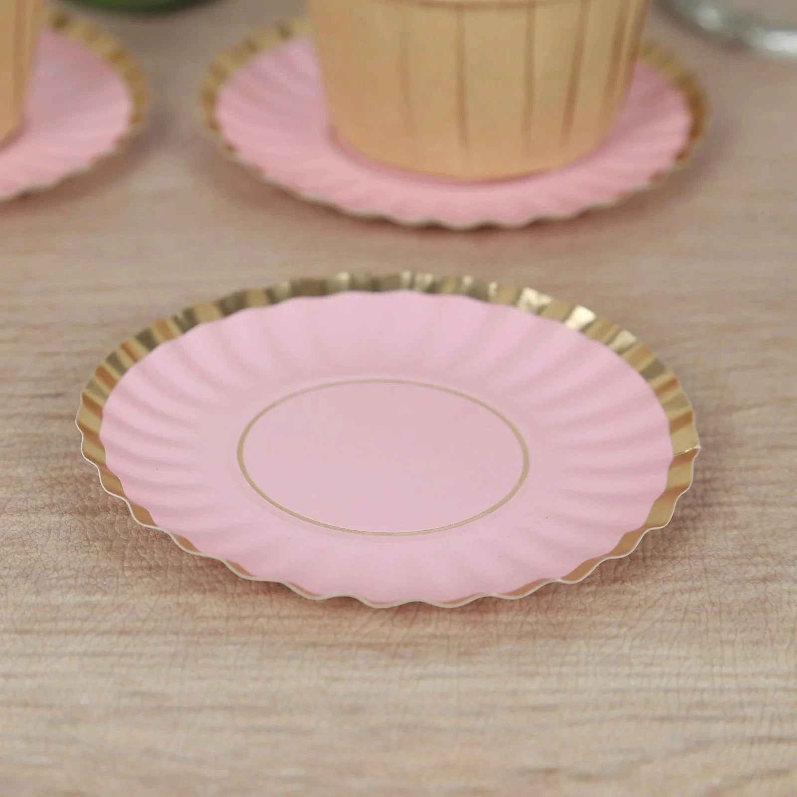 50 Round Metallic Paper Mini Dessert Plates with Scalloped Rim - Disposable Tableware