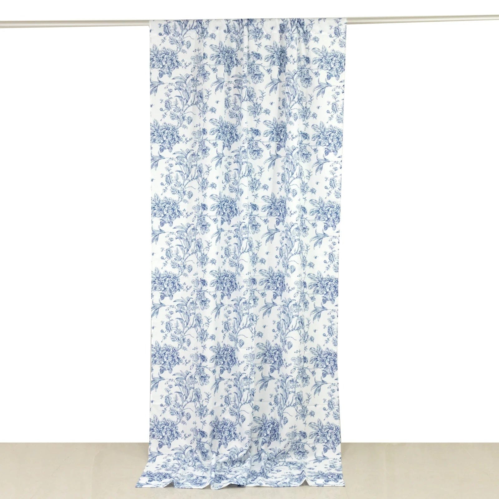 White French Toile Polyester Backdrop Drape Curtain with Rod Pockets CUR_PANPOLY_FLORFT_5X10_BLUE