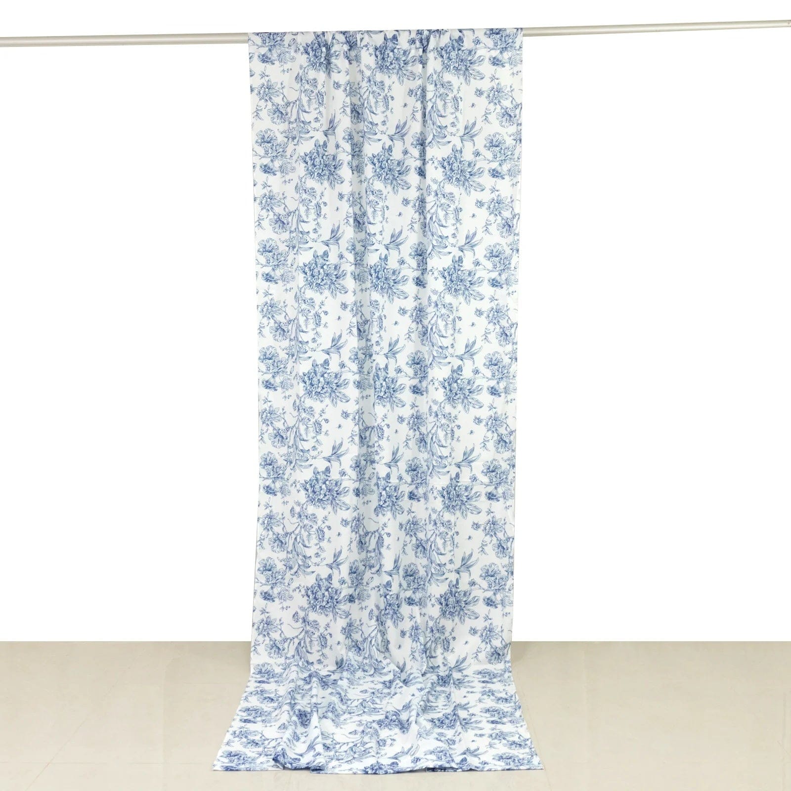 White French Toile Polyester Backdrop Drape Curtain with Rod Pockets CUR_PANPOLY_FLORFT_5X12_BLUE