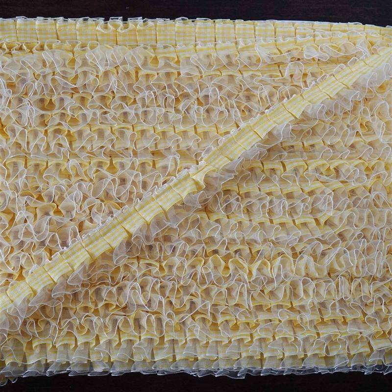 1" x 25 yrd Gingham Organza and Satin Ruffle Trim - Ivory/Yellow RUF_08_IVR