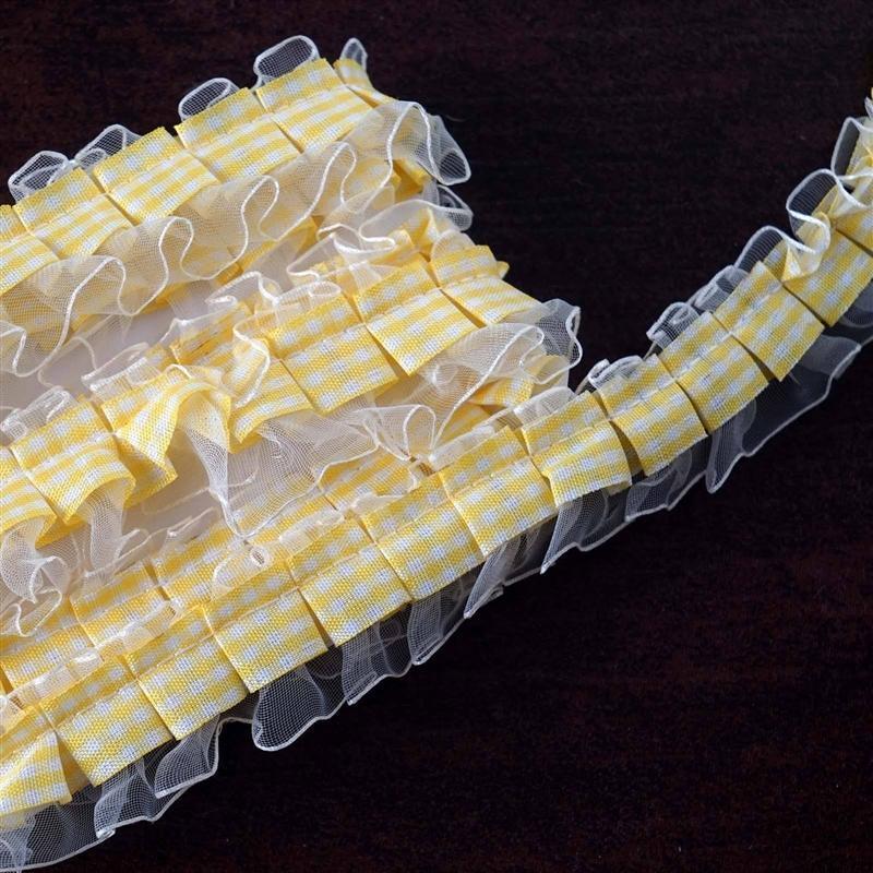 1" x 25 yrd Gingham Organza and Satin Ruffle Trim - Ivory/Yellow RUF_08_IVR