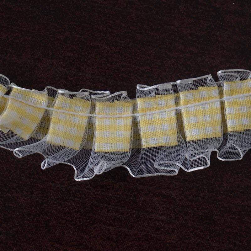 1" x 25 yrd Gingham Organza and Satin Ruffle Trim - Ivory/Yellow RUF_08_IVR