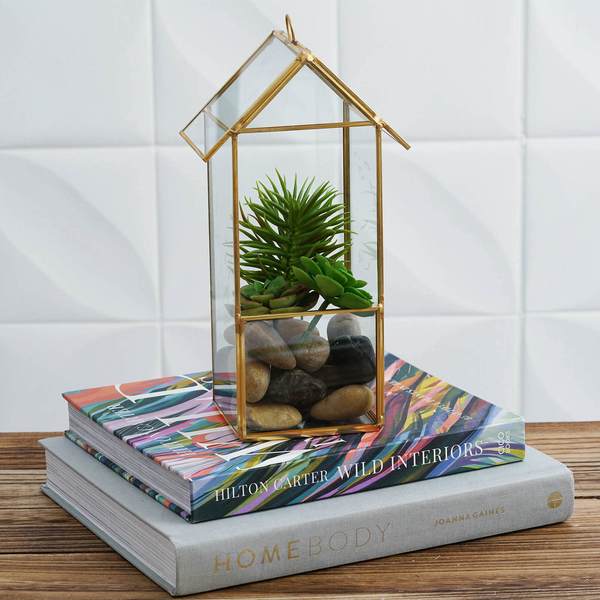 10.5" tall Geometric Glass Terrarium Vase with Metal Frame - Clear with Gold GLAS_VASE008_GOLD