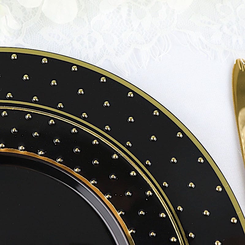10 Black Round Plastic Salad and Dinner Plates with Gold 3D Dotted Rim - Disposable Tableware
