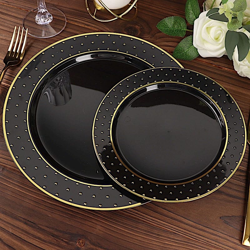 10 Black Round Plastic Salad and Dinner Plates with Gold 3D Dotted Rim - Disposable Tableware