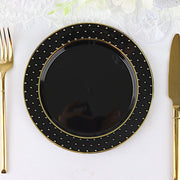 10 Black Round Plastic Salad and Dinner Plates with Gold 3D Dotted Rim - Disposable Tableware