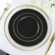 10 Black Round Plastic Salad and Dinner Plates with Gold 3D Dotted Rim - Disposable Tableware