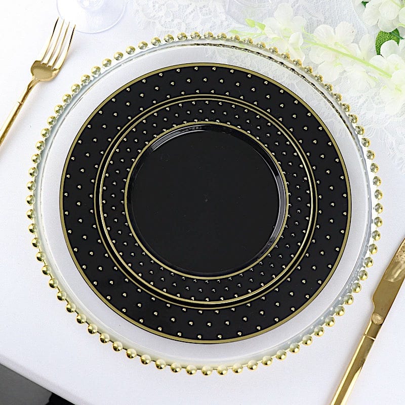 10 Black Round Plastic Salad and Dinner Plates with Gold 3D Dotted Rim - Disposable Tableware