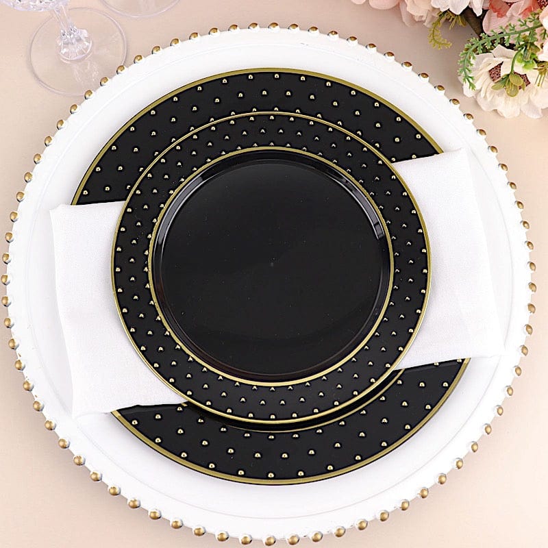 10 Black Round Plastic Salad and Dinner Plates with Gold 3D Dotted Rim - Disposable Tableware