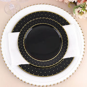 10 Black Round Plastic Salad and Dinner Plates with Gold 3D Dotted Rim - Disposable Tableware