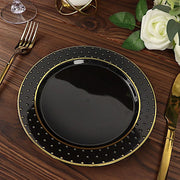 10 Black Round Plastic Salad and Dinner Plates with Gold 3D Dotted Rim - Disposable Tableware