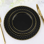 10 Black Round Plastic Salad and Dinner Plates with Gold 3D Dotted Rim - Disposable Tableware