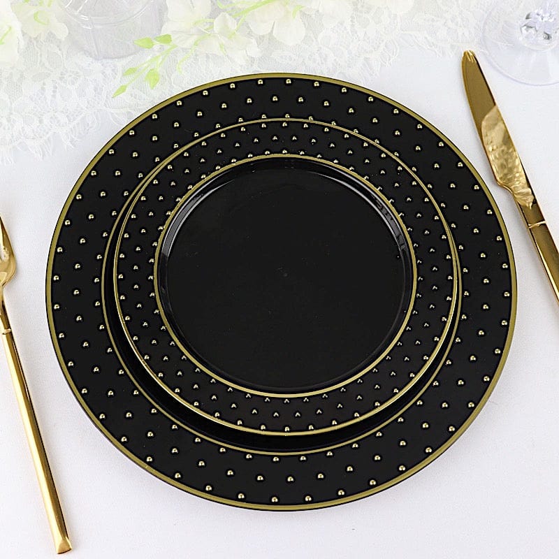 10 Black Round Plastic Salad and Dinner Plates with Gold 3D Dotted Rim - Disposable Tableware