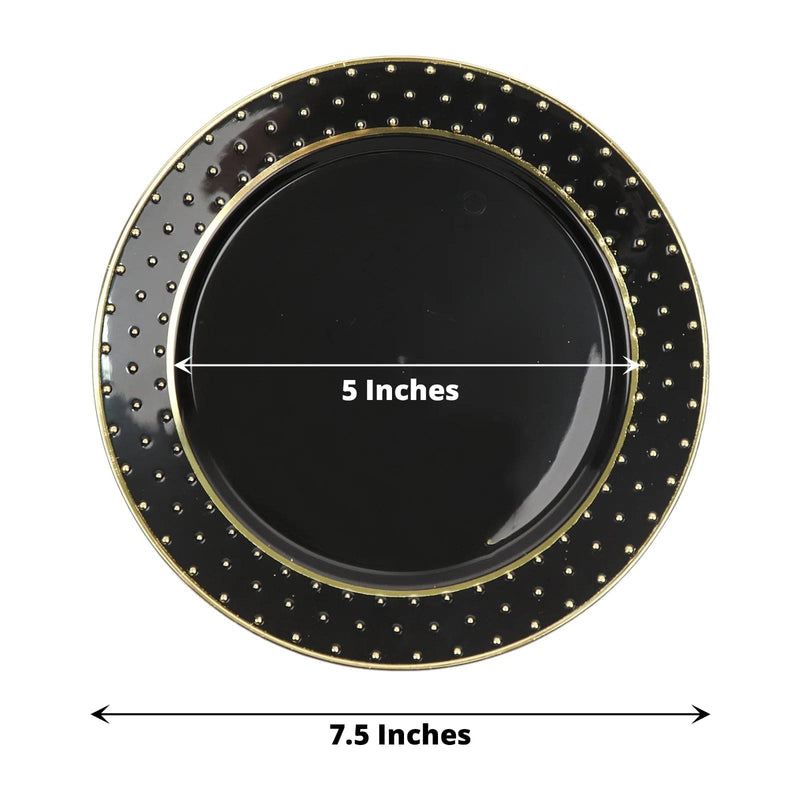 10 Black Round Plastic Salad and Dinner Plates with Gold 3D Dotted Rim - Disposable Tableware
