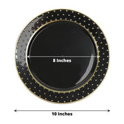 10 Black Round Plastic Salad and Dinner Plates with Gold 3D Dotted Rim - Disposable Tableware
