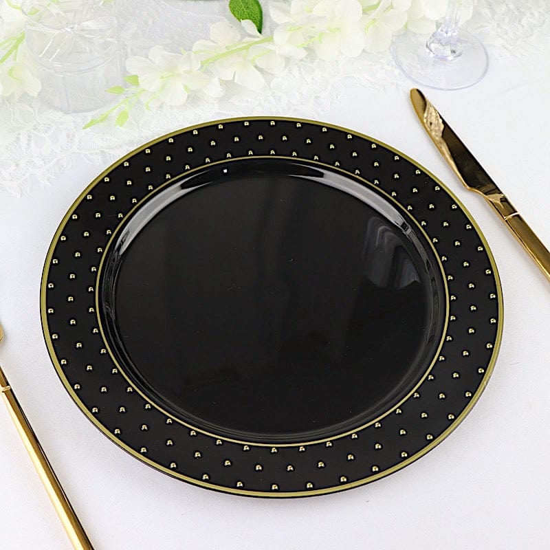 10 Black Round Plastic Salad and Dinner Plates with Gold 3D Dotted Rim - Disposable Tableware
