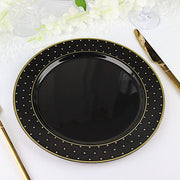 10 Black Round Plastic Salad and Dinner Plates with Gold 3D Dotted Rim - Disposable Tableware