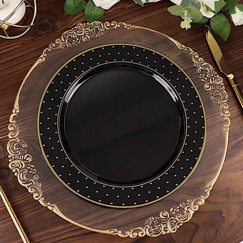 10 Black Round Plastic Salad and Dinner Plates with Gold 3D Dotted Rim - Disposable Tableware